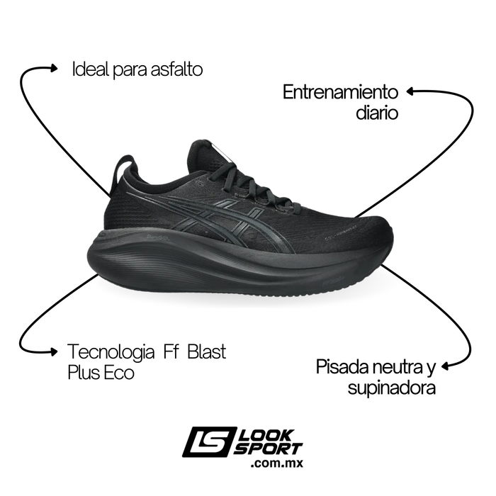 Tenis ASICS Gel Nimbus 27 Hombre Negro Running